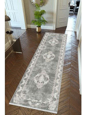 10 Post Online Yolluk Klasik Gümüş Gri Kaymaz Kesme Yıkanabilir Ince Dijital Baskı Koridor Halısı