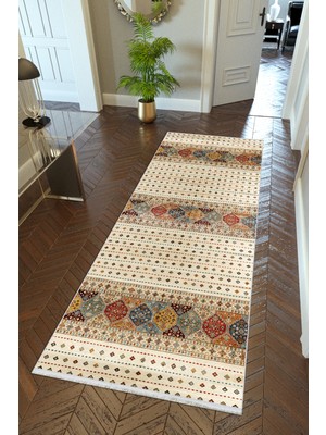 10 Post Online Yolluk Kilim Desenli Otantik Bej Kaymaz Kesme Yıkanabilir Ince Dijital Baskı Koridor Halısı