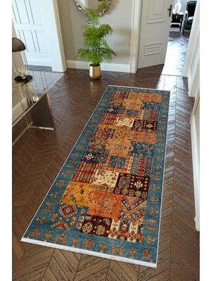 10 Post Online Yolluk Kilim Desenli Otantik Lacivert Kaymaz Kesme Yıkanabilir Ince Dijital Baskı Koridor Halısı