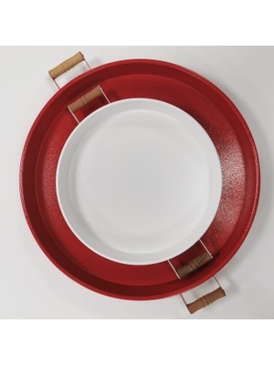 Kitchen Trend 51 cm Kırmızı 37 cm Beyaz 2 Li Metal Yuvarlak Tepsi Sunum Tepsisi Çay Kahve Tepsisi