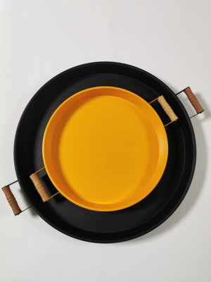 Kitchen Trend 51 cm Siyah 37 cm Sarı 2 Li Metal Yuvarlak Tepsi Sunum Tepsisi Çay Kahve Tepsisi