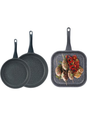 Thermoad 3'lü Düz Tava Seti Gri Granit Kaplama 20 - 24 - 28 cm Döküm Tava
