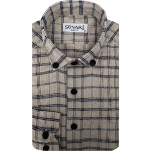 Slim Fit Desenli Flanel Uzun Bej Erkek Gömlek