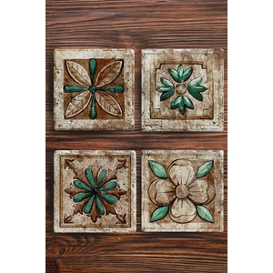 Baskılı Doğal Taş Bardak Altlığı 4'lü Set 10X10X1 cm