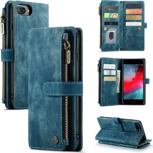 Apple iPhone 6 Plus / 6s Plus / 7 Plus / 8 Plus Için Vintage Pu Deri Çok Fonksiyonlu Flip Cüzdan Fermuar Kılıf Kart Yuvaları Standı Kapağı Mavi (Yurt Dışından)
