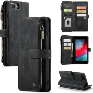 Apple iPhone 6 Plus / 6s Plus / 7 Plus / 8 Plus Için Vintage Pu Deri Çok Fonksiyonlu Flip Cüzdan Fermuar Kılıf Kart Yuvaları Standı Kapağı Siyah (Yurt Dışından)