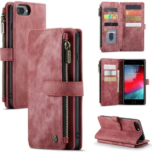 Apple iPhone 6 Plus / 6s Plus / 7 Plus / 8 Plus Için Vintage Pu Deri Çok Fonksiyonlu Flip Cüzdan Fermuar Kılıf Kart Yuvaları Standı Kapağı Kırmızı (Yurt Dışından)
