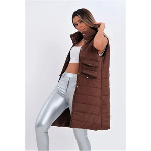Keyifli Moda Kadın Kahverengi Dik Yaka Cep Detaylı Uzun Şişme Yelek