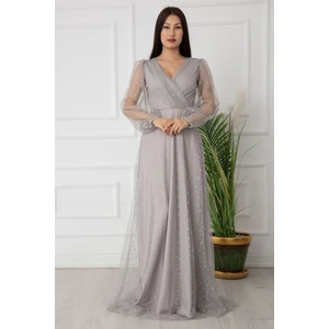 Kruvaze Yaka Simli Dantel Uzun Abiye Elbise 13336