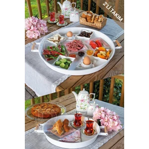 Kitchen Trend 2'li Ahşap Kulplu 45 cm Metal Tepsi ve 30 cm Beyaz Tepsi Çay Kahve Sunum Tepsisi