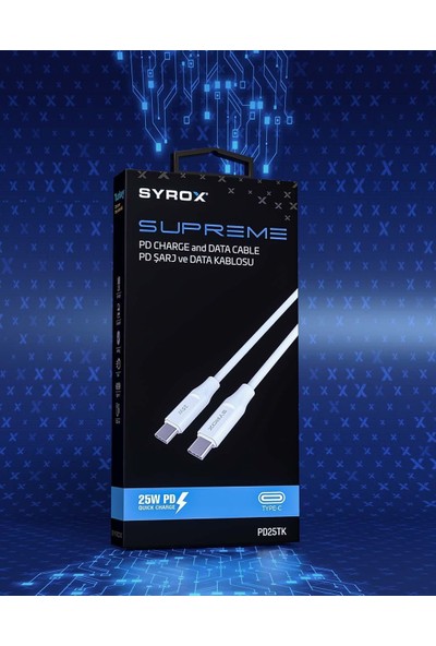 Syrox PD25TK Type-C To Type-C Pd 25W Hızlı Data/şarj Kablosu 1mt Beyaz (Her İki Ucu da Type-C Dir)