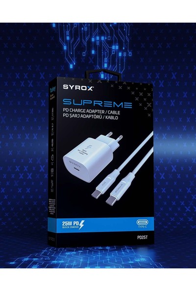 Syrox PD25T Qc3.0 Pd 25W Type-C To Type-C Hızlı Şarj Aleti Set Beyaz