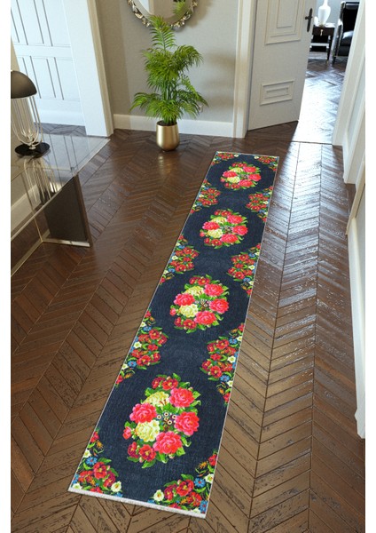 Yolluk Siyah Kaymaz Kesme Yıkanabilir Ince Dijital Baskı Koridor Halısı