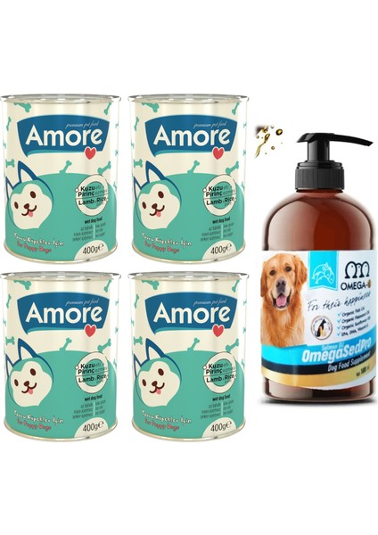 Puppy Kuzu Etli Yavru Köpek Konservesi 4 x 400 Gram + Omegasedpro Somon Balık Yağı 100 ml