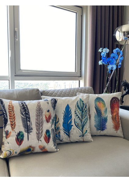 Çift Tarafı Baskılı Tüy Desenli Dekoratif 3'lü Kombin Kırlent Kılıfı