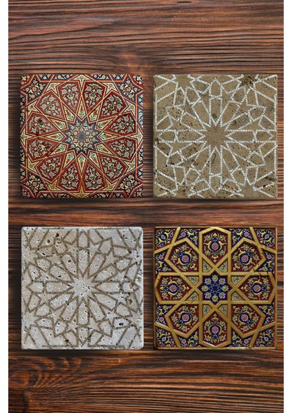 Baskılı Doğal Taş Bardak Altlığı 4'lü Set 10X10X1 cm