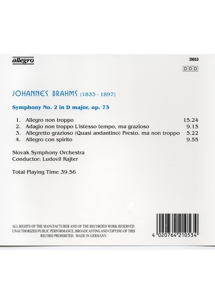 CD - Johannes Brahms Sympony No. 2