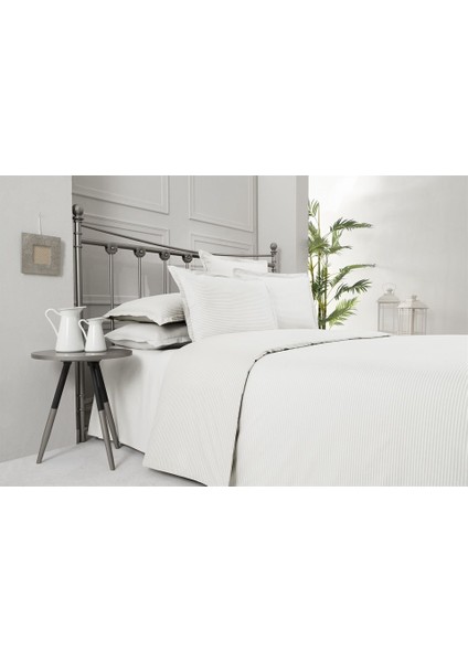 Solid Fancy Stripe Poplin Nevresim Takımı Çift Kişilik V11-BEYAZ