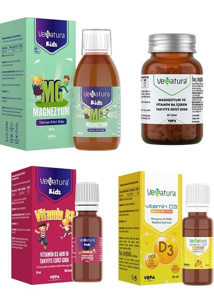 Magnezyum 100 ml + D3 400IU + 1000IU + Magnezyum B6 60 Tablet