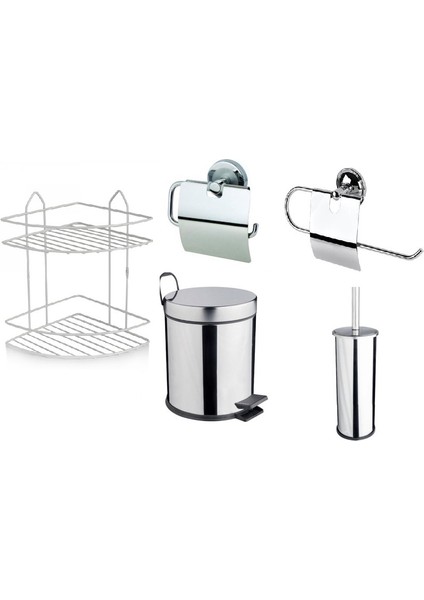 Renk Yapı Krom 5lt Çöp Kovası + Krom 2 Katlı Raf + Krom Havluluk + Krom Kağıtlık + Krom Fırça Set