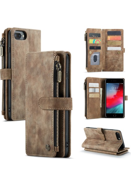 Apple iPhone 6 Plus / 6s Plus / 7 Plus / 8 Plus Için Vintage Pu Deri Çok Fonksiyonlu Flip Cüzdan Fermuar Kılıf Kart Yuvaları Standı Kapağı Kahverengi (Yurt Dışından)