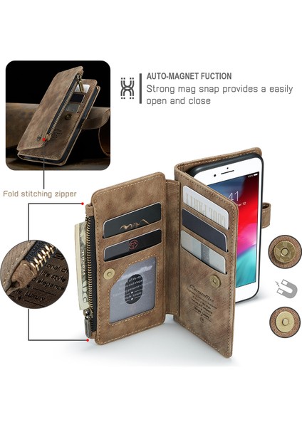 Apple iPhone 6 Plus / 6s Plus / 7 Plus / 8 Plus Için Vintage Pu Deri Çok Fonksiyonlu Flip Cüzdan Fermuar Kılıf Kart Yuvaları Standı Kapağı Kahverengi (Yurt Dışından)