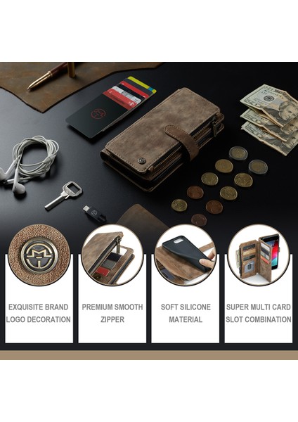 Apple iPhone 6 Plus / 6s Plus / 7 Plus / 8 Plus Için Vintage Pu Deri Çok Fonksiyonlu Flip Cüzdan Fermuar Kılıf Kart Yuvaları Standı Kapağı Kahverengi (Yurt Dışından)