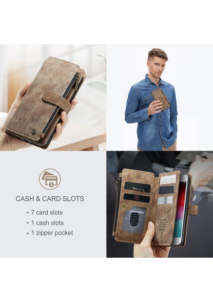 Apple iPhone 6 Plus / 6s Plus / 7 Plus / 8 Plus Için Vintage Pu Deri Çok Fonksiyonlu Flip Cüzdan Fermuar Kılıf Kart Yuvaları Standı Kapağı Kahverengi (Yurt Dışından)
