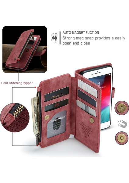 Apple iPhone 6 Plus / 6s Plus / 7 Plus / 8 Plus Için Vintage Pu Deri Çok Fonksiyonlu Flip Cüzdan Fermuar Kılıf Kart Yuvaları Standı Kapağı Kırmızı (Yurt Dışından)