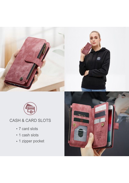 Apple iPhone 6 Plus / 6s Plus / 7 Plus / 8 Plus Için Vintage Pu Deri Çok Fonksiyonlu Flip Cüzdan Fermuar Kılıf Kart Yuvaları Standı Kapağı Kırmızı (Yurt Dışından)