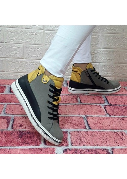 8498 Gri-Sarı Deri Kaymaz Taban Fermuarlı Bağacaklı Bot