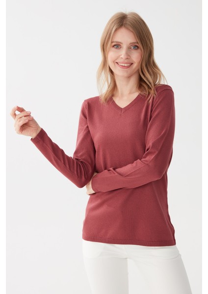 Kadın Likralı Uzun Kol Basic V Yaka Bluz Gül Kurusu