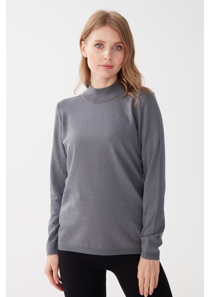 Kadın Likralı Uzun Kol Basic Yarım Balıkçı Bluz Gri