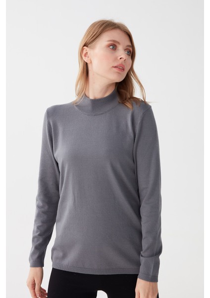 Kadın Likralı Uzun Kol Basic Yarım Balıkçı Bluz Gri indirimleri