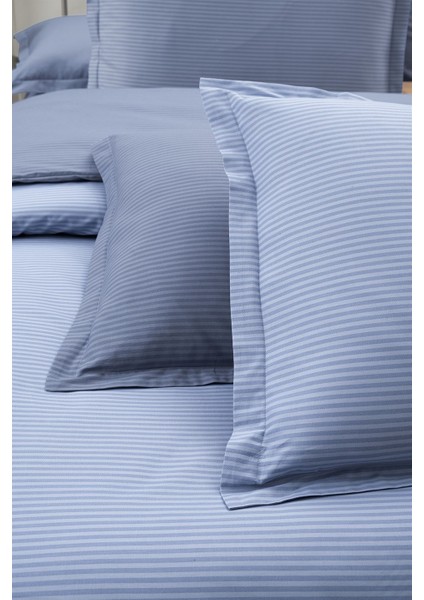Solid Fancy Stripe Poplin Nevresim Takımı Tek Kişilik V4-Mavi