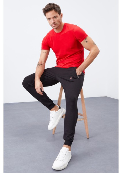Tommylife Siyah Erkek Fermuar Cepli Dar Kalıp Jogger Eşofman ALT-84343