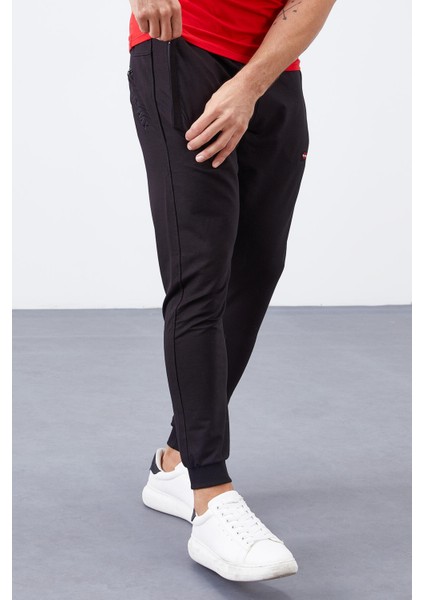 Tommylife Siyah Erkek Fermuar Cepli Dar Kalıp Jogger Eşofman ALT-84343