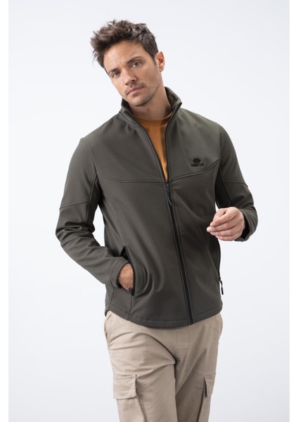 Haki Fermuarlı Dik Yaka Su ve Rüzgar Geçirmez Softshell Erkek Mont - 88050