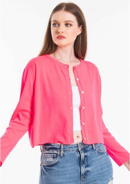 Sedef Düğmeli Pembe Basic Hırka