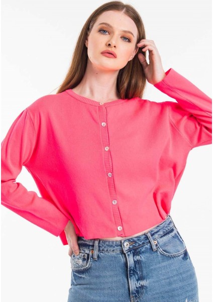 Sedef Düğmeli Pembe Basic Hırka