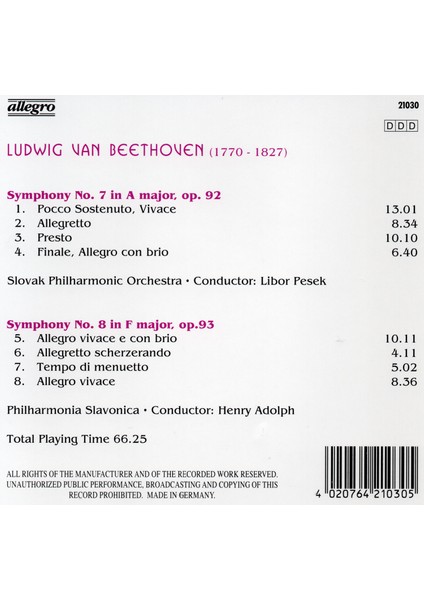 CD - Ludwig Van Beethoven-Sympony No. 7- No.8