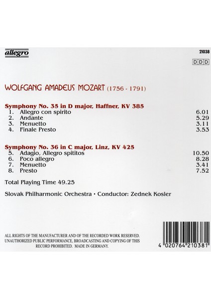 Wolfgang Amadeus Mozart - Sympony No. 35,36 Haffner Linz (Cd)