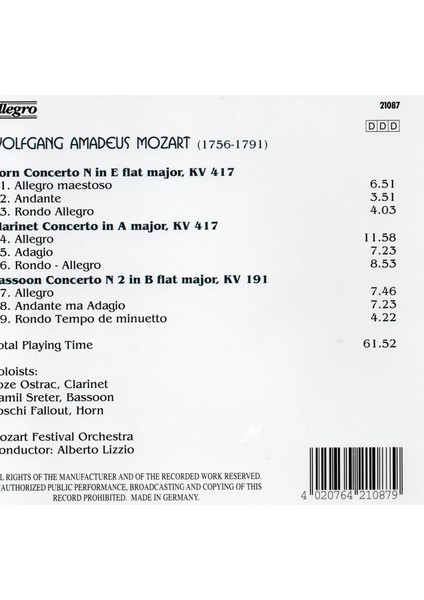 Wolfgang Amadeus Mozart - Horn Concert, Clarinet Concert (Cd)
