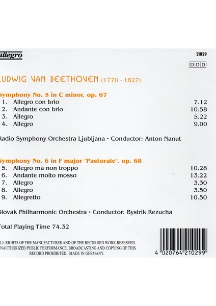 Ludwig Van Beethoven - Sympony No. 5, No.6 Pastorale (Cd)