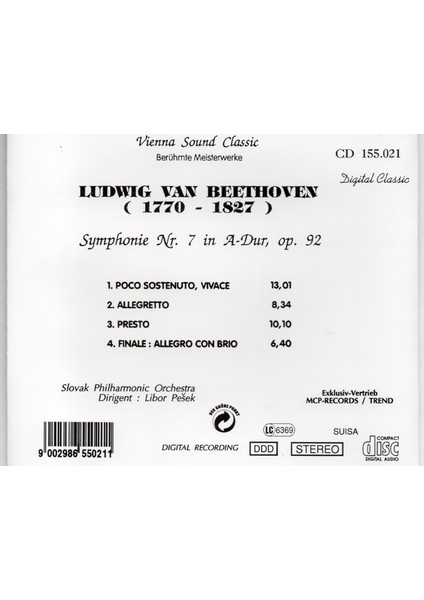 Ludwig Van Beethoven - Sympony No. 7 Op 92 (Cd)