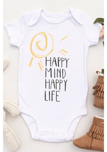 Unisex Bebek Mutlu Zihin Mutlu Yaşam Baskılı Body Zıbın fiyatları