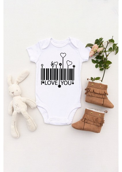 Unisex Bebek Barkod Love You Baskılı Body Zıbın