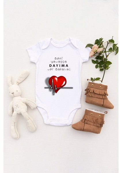 Unisex Bebek Beni Yavaşça Dayıma Ver Bakalım Baskılı Body Zıbın