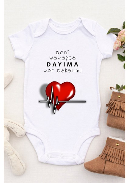 Unisex Bebek Beni Yavaşça Dayıma Ver Bakalım Baskılı Body Zıbın fiyatları
