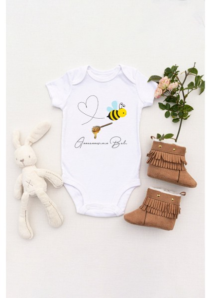 Unisex Bebek Anneannesinin Balı Baskılı Body Zıbın